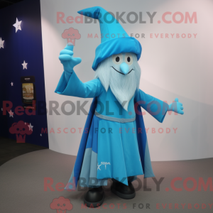 Maskotfigur af en cyan...