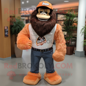 Peach Sasquatch mascot costume character dressed with a Bootcut Jeans and Headbands