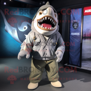 Gray Megalodon mascot costume character dressed with a Parka and Beanies