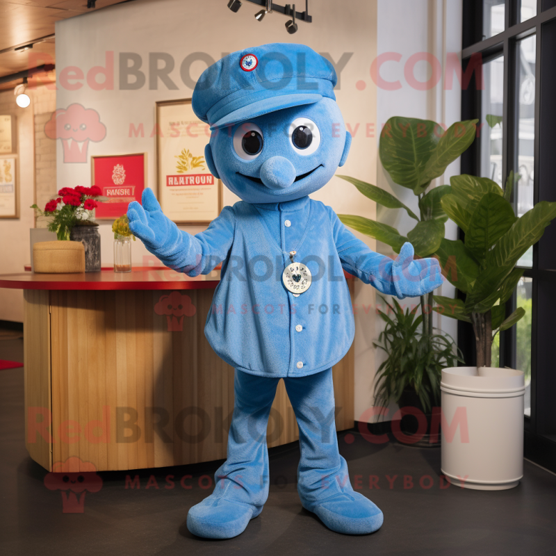 Blue Raspberry mascot costume character dressed with a Flare Jeans and Berets