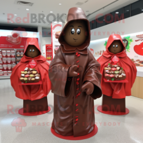 Red Chocolates mascot costume character dressed with a Raincoat and Shawls