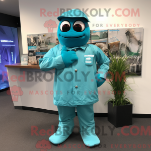 Maskotkarakter av en cyan...