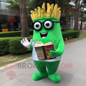 Green French Fries mascot costume character dressed with a Trousers and Reading glasses