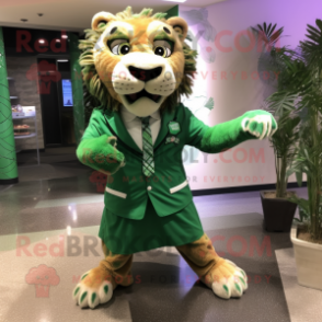 Green Saber-Toothed Tiger mascot costume character dressed with a Mini Dress and Tie pins