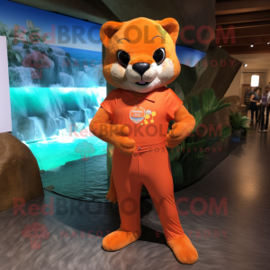 Orange Jaguarundi mascot costume character dressed with a One-Piece Swimsuit and Lapel pins