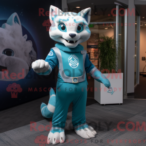 Maskotkarakter af en cyan...