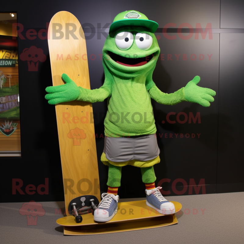 Green Skateboard mascot costume character dressed with a Long Sleeve Tee and Shoe laces