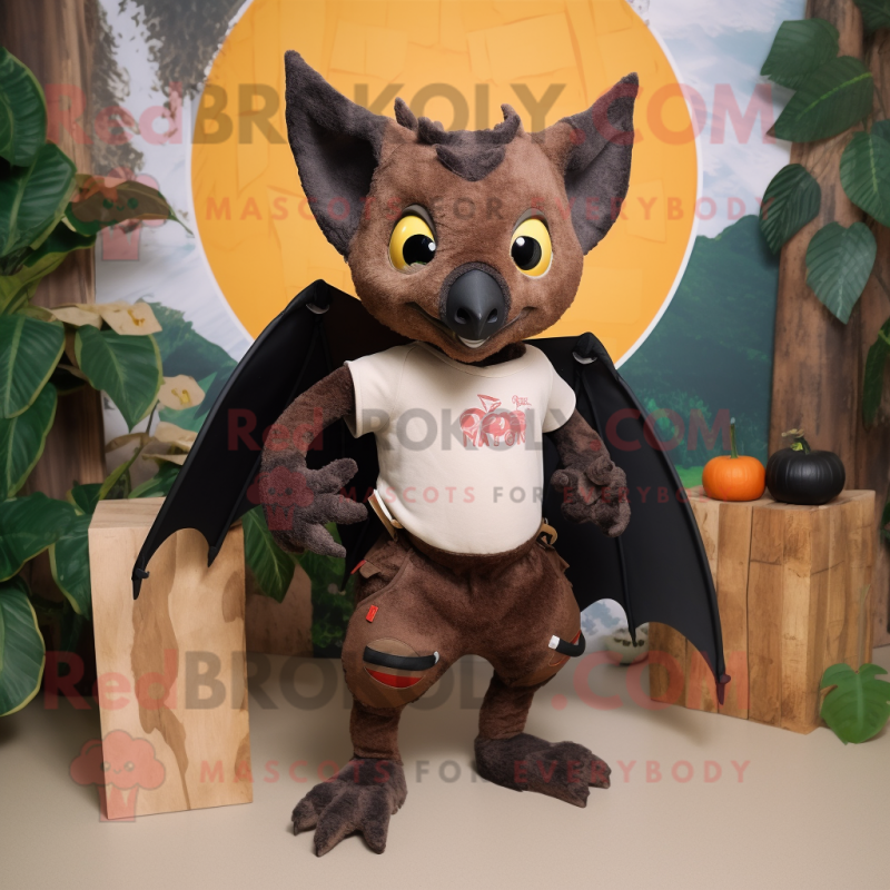 Rust Fruit Bat mascot costume character dressed with a Bermuda Shorts and Foot pads