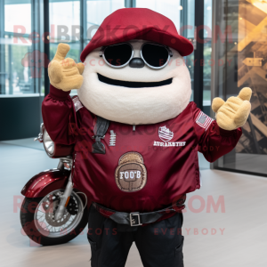 Maroon Nachos mascot costume character dressed with a Biker Jacket and Tote bags