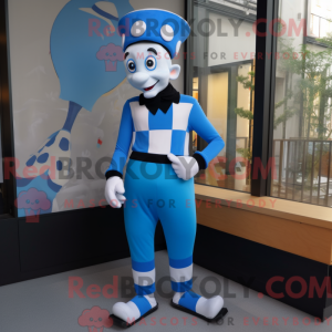 Maskotfigur af en blå mime...