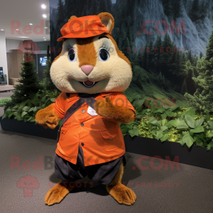 Orange Chipmunk mascot costume character dressed with a Bermuda Shorts and Shawl pins