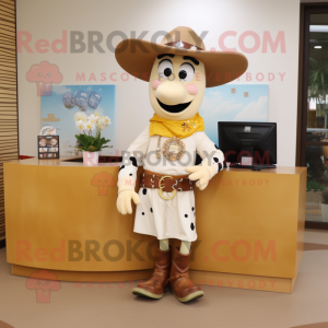 Cream Cowboy mascot costume character dressed with a Pencil Skirt and Bracelet watches