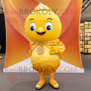 Gold Mandarin mascot costume character dressed with a Oxford Shirt and Earrings