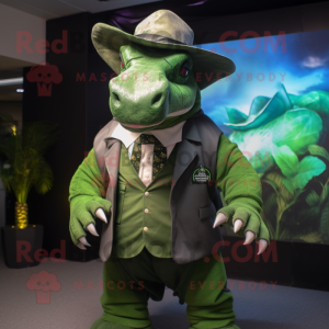 Green Triceratops mascot costume character dressed with a Suit Jacket and Hats