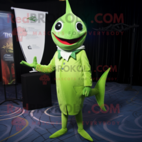 Lime Green Swordfish mascot costume character dressed with a Suit and Shawl pins