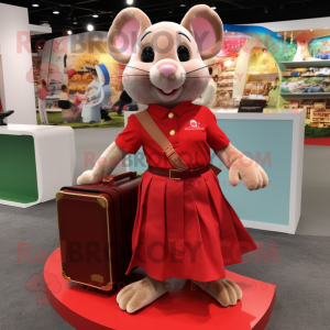 Red Mouse mascot costume character dressed with a Pleated Skirt and Briefcases