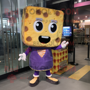 Purple Grilled Cheese Sandwich mascot costume character dressed with a Flannel Shirt and Clutch bags