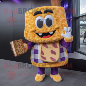 Purple Grilled Cheese Sandwich mascot costume character dressed with a Flannel Shirt and Clutch bags