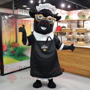 Black Beef Wellington mascot costume character dressed with a Sheath Dress and Eyeglasses