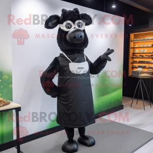 Black Beef Wellington mascot costume character dressed with a Sheath Dress and Eyeglasses