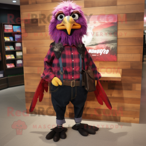 Magenta Crow mascot costume character dressed with a Flannel Shirt and Wallets