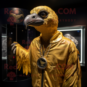 Gold Vulture mascot costume character dressed with a Bomber Jacket and Shawl pins