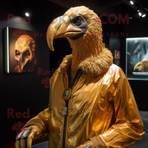 Gold Vulture mascot costume character dressed with a Bomber Jacket and Shawl pins