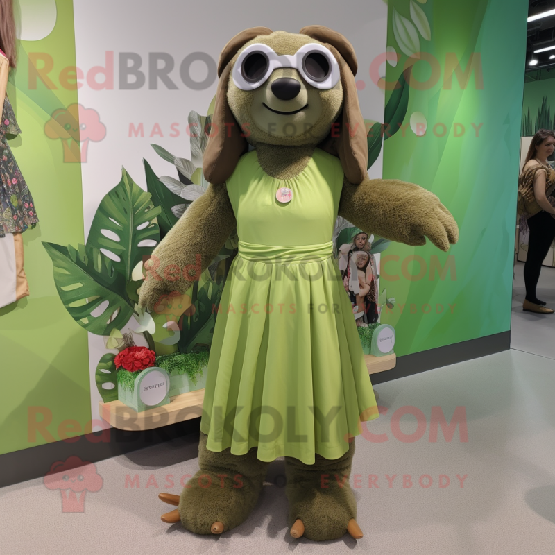 Olive Sloth mascot costume character dressed with a Shift Dress and Anklets