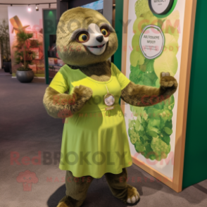 Olive Sloth mascot costume character dressed with a Shift Dress and Anklets