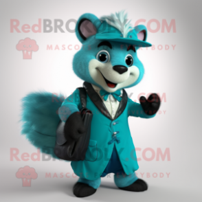Teal Skunk mascot costume character dressed with a Waistcoat and Clutch bags