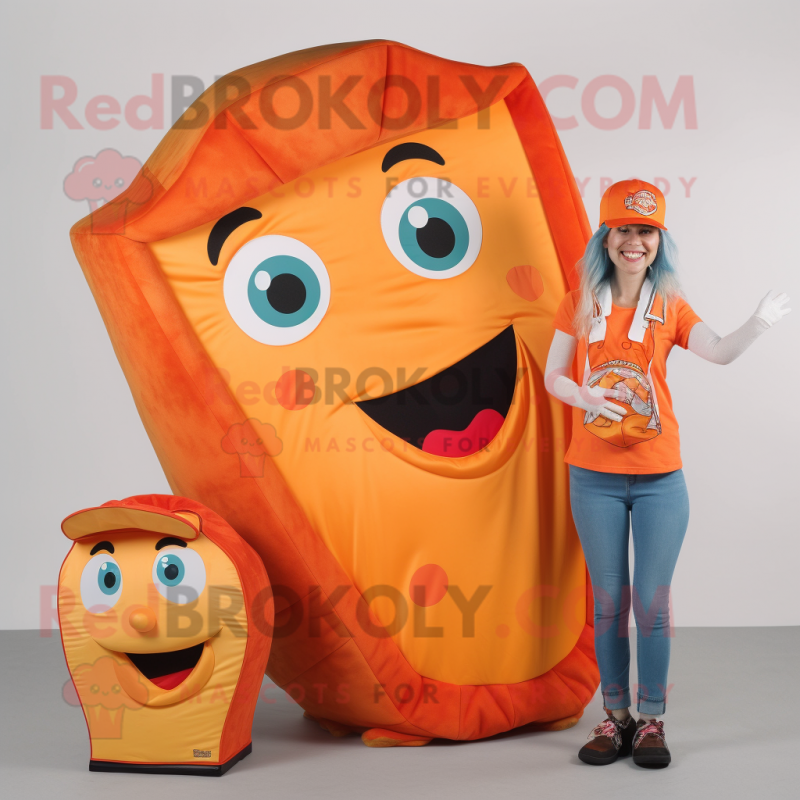 Orange Pizza Slice mascot costume character dressed with a Mom Jeans and Briefcases