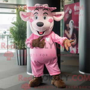 Maskotfigur av en rosa zebu...