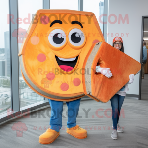 Orange Pizza Slice mascot costume character dressed with a Mom Jeans and Briefcases