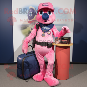 Pink Navy Seal mascot costume character dressed with a Mom Jeans and Wallets