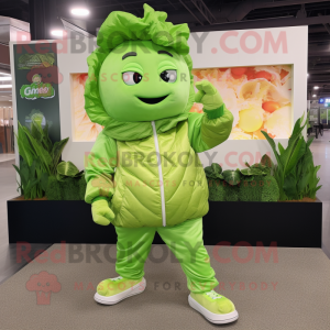 Lime Green Caesar Salad mascot costume character dressed with a Windbreaker and Foot pads