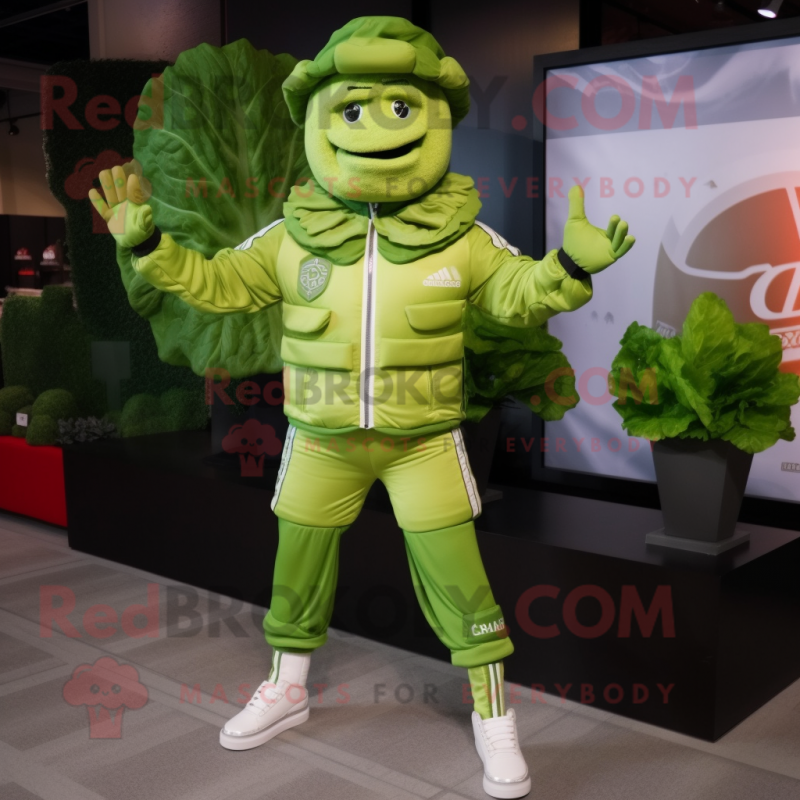 Lime Green Caesar Salad mascot costume character dressed with a Windbreaker and Foot pads