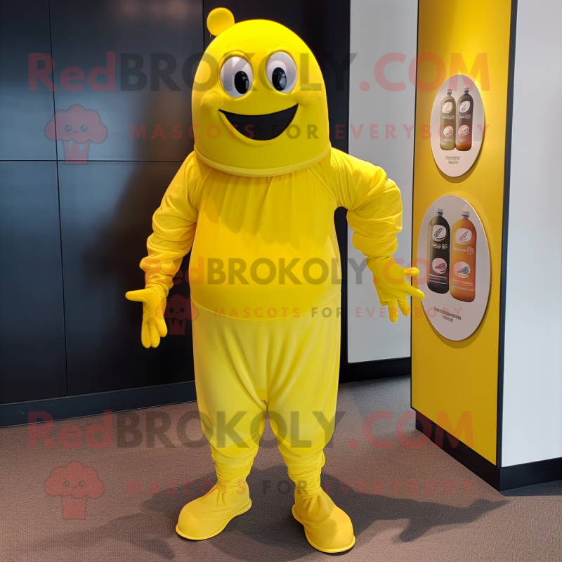 Lemon Yellow Bottle Of Mustard mascot costume character dressed with a Rash Guard and Belts