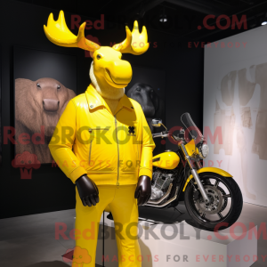 Maskotfigur af en citrongul...
