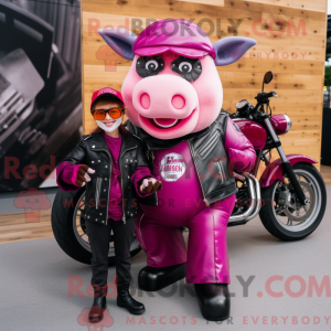 Maskotfigur af en magenta...