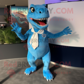 Sky Blue T Rex mascot costume character dressed with a Shift Dress and Belts