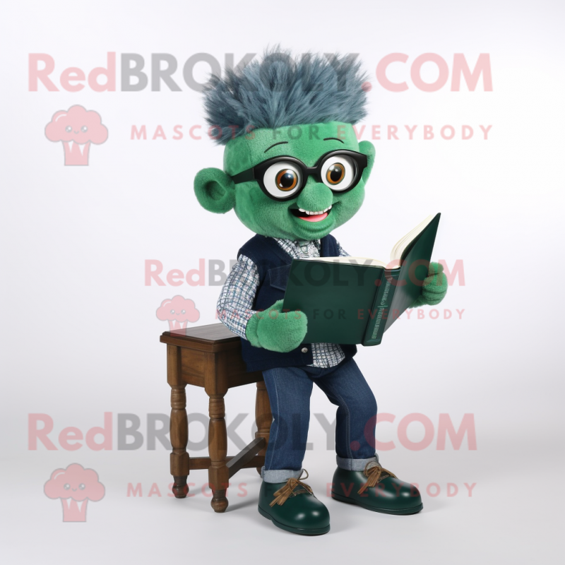 Forest Green Attorney mascot costume character dressed with a Denim Shirt and Reading glasses