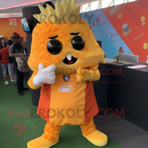 Orange Nachos mascot costume character dressed with a Vest and Hair clips