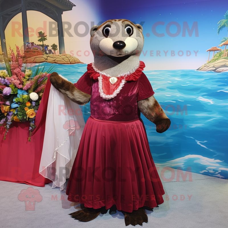 Maroon Otter mascot costume character dressed with a Ball Gown and Shawls