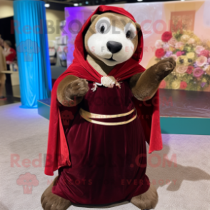 Maroon Otter mascot costume character dressed with a Ball Gown and Shawls