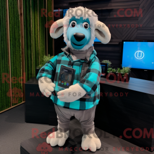 Maskotfigur av en cyan sau...
