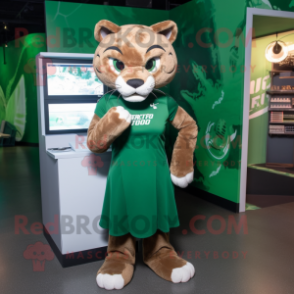 Forest Green Puma mascot costume character dressed with a Wrap Skirt and Watches