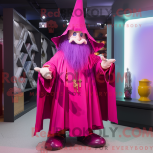 Maskotfigur av en magenta...