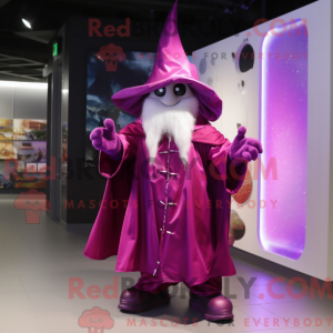 Maskotfigur af en magenta...