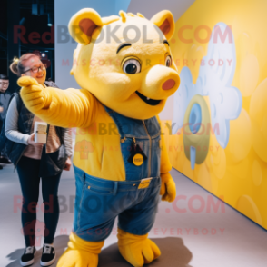 Yellow Sow mascot costume character dressed with a Flare Jeans and Watches