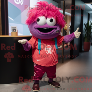 Maskotfigur af en magenta...